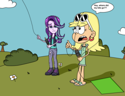 Size: 2257x1720 | Tagged: safe, artist:eagc7, starlight glimmer, human, equestria girls, g4, beanie, bush, clothes, cloud, crossover, dress, ear piercing, earring, female, flower, group, hat, kite, kite flying, leni loud, nickelodeon, piercing, shirt, shoes, sunglasses, that pony sure does love kites, the loud house, tree, unamused, vest