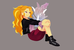 Size: 1158x780 | Tagged: safe, artist:magneticskye, adagio dazzle, equestria girls, g4, alternate hairstyle, clothes, female, flower, gray background, lineless, nail polish, shoes, simple background, skirt, solo