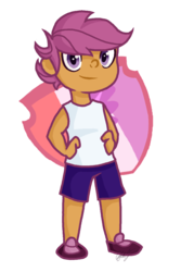 Size: 666x1000 | Tagged: safe, artist:libbythekautz, scootaloo, human, g4, cutie mark, female, hand on hip, humanized, looking at you, pony coloring, simple background, solo, the cmc's cutie marks, transparent background