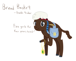 Size: 1000x800 | Tagged: safe, artist:mightyshockwave, oc, oc only, oc:bread basket, bison, buffalo, buffalo oc, feather, jewelry, necklace, non-pony oc, saddle bag, simple background, solo, text, white background