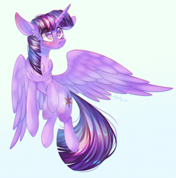 Size: 1024x1035 | Tagged: safe, artist:akimi--chan, artist:mediasmile666, twilight sparkle, alicorn, pony, g4, cheek fluff, chest fluff, collaboration, colored pupils, ear fluff, female, flying, gradient background, impossibly large chest fluff, looking up, mare, solo, twilight sparkle (alicorn)