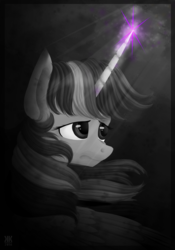 Size: 1542x2200 | Tagged: safe, artist:lol-katrina, twilight sparkle, alicorn, pony, g4, bust, female, magic, mare, monochrome, neo noir, partial color, portrait, sad, solo