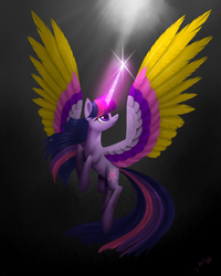 Size: 2000x2500 | Tagged: safe, artist:lol-katrina, twilight sparkle, alicorn, pony, g4, black background, colored pupils, colored wings, female, flying, glowing horn, high res, horn, magic, mare, multicolored wings, simple background, solo, spread wings, twilight sparkle (alicorn), wings