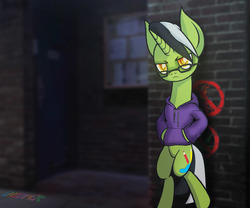 Size: 4448x3704 | Tagged: safe, artist:enzomersimpsons, oc, oc only, oc:pencil borrows, pony, unicorn, absurd resolution, alley, black and white mane, clothes, glasses, glowing eyes, hoodie, realistic background, solo