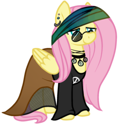 Size: 1194x1237 | Tagged: safe, artist:/d/non, derpibooru exclusive, fluttershy, pegasus, pony, g4, clothes, ear piercing, earring, female, glasses, goth, headwrap, hippie goth, jewelry, mare, necklace, piercing, simple background, skirt, solo, transparent background