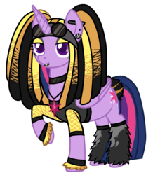 Size: 1272x1393 | Tagged: safe, artist:/d/non, derpibooru exclusive, twilight sparkle, alicorn, pony, g4, alternate hairstyle, cybergoth, ear piercing, earring, eyeshadow, female, fishnet stockings, gauges, goth, jewelry, leg warmers, lipstick, makeup, mare, necklace, piercing, simple background, solo, transparent background, twilight sparkle (alicorn)