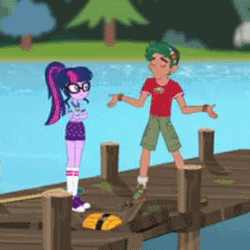 Size: 305x305 | Tagged: safe, screencap, sci-twi, timber spruce, twilight sparkle, equestria girls, g4, my little pony equestria girls: legend of everfree, animated, camp everfree outfits, converse, duo, female, gif, glasses, lake, male, pier, ponytail, punch, shoes