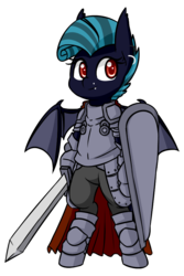 Size: 600x900 | Tagged: safe, artist:rice, oc, oc only, oc:midnight chastise, bat pony, pony, armor, bat wings, bipedal, cape, clothes, ear piercing, earring, fangs, female, jewelry, kite shield, lip piercing, mare, medieval, piercing, shield, sword, tall pone, weapon