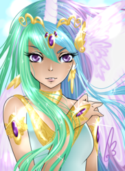Size: 1024x1408 | Tagged: safe, artist:white-nephilim, princess celestia, human, g4, female, horn, horned humanization, humanized, jewelry, looking at you, necklace, solo, winged humanization, wings
