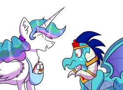 Size: 1024x750 | Tagged: safe, artist:numbuh-27, princess celestia, princess ember, alicorn, dragon, pony, g4, chest fluff, crown, ear fluff, egg, emberlestia, eyes closed, female, frown, horn, horn jewelry, jewelry, lesbian, magical lesbian spawn, mare, offspring, open mouth, regalia, shipping, simple background, smiling, spread wings, white background, wide eyes, wing fluff, wings