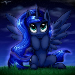 Size: 1000x1000 | Tagged: safe, artist:setharu, princess luna, alicorn, pony, g4, :3, cute, ear fluff, female, grass, lunabetes, mare, night, smiling, solo, spread wings, weapons-grade cute, wings