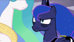 Size: 500x281 | Tagged: safe, screencap, princess celestia, princess luna, alicorn, pony, a royal problem, g4, angry, animated, bags under eyes, discovery family logo, eye bag, female, gif, jewelry, mare, regalia, royal sisters, sisters, talking, tired