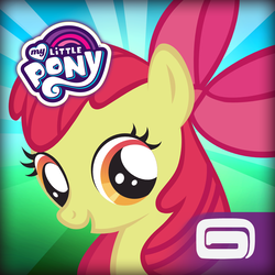 Size: 1024x1024 | Tagged: safe, gameloft, apple bloom, earth pony, pony, g4, my little pony: magic princess, official, app icon, female, filly, gameloft event: the cutie mark crusade, gameloft logo, my little pony logo, solo, stock vector