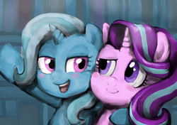 Size: 620x437 | Tagged: safe, artist:とりゴコロ, starlight glimmer, trixie, pony, unicorn, g4, duo, female, smiling