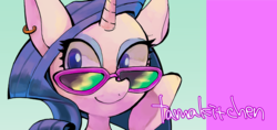 Size: 3000x1415 | Tagged: safe, artist:tamaki, rarity, pony, unicorn, g4, ear piercing, earring, female, glasses, jewelry, piercing, simple background, solo