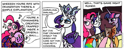 Size: 1466x588 | Tagged: safe, artist:gingerfoxy, applejack, fluttershy, pinkie pie, princess platinum, rainbow dash, rarity, twilight sparkle, dragon, earth pony, pegasus, pony, unicorn, friendship is witchcraft, gypsy bard, pony comic generator, g4, balloon, bandana, bard, cape, clothes, comic, crown, cutie mark, dice, dm screen, dungeon master, dungeons and dragons, fantasy class, figurine, frown, gaming miniature, glare, gypsy pie, jewelry, larp, mane six, miniature, musical instrument, queen, regalia, roleplaying, romani, singing, smiling, song, tabletop game, tambourine, whistling