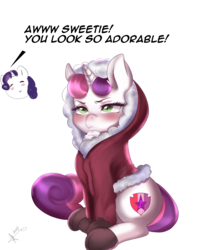 Size: 2666x3125 | Tagged: safe, artist:mrscurlystyles, rarity, sweetie belle, pony, unicorn, g4, blushing, clothes, cutie mark, dialogue, female, filly, grumpy belle, high res, hoodie, mare, simple background, sitting, solo focus, sweetie belle is not amused, the cmc's cutie marks, unamused, white background