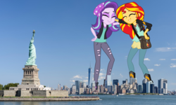 Size: 2880x1726 | Tagged: safe, artist:cmwaters, artist:seahawk270, starlight glimmer, sunset shimmer, human, pony, equestria girls, equestria girls specials, g4, my little pony equestria girls: mirror magic, city, clothes, duo, equestria girls in real life, giant human, giant pony, giantess, irl, macro, new york city, one world trade center, photo, ponies in real life, statue of liberty