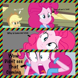 Size: 1540x1525 | Tagged: safe, edit, edited screencap, screencap, applejack, pinkie pie, equestria girls, g4, cartoon decision, confused, frown, l is love, shocked, talk about other cartoons, text, the loud house