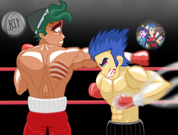 Size: 1942x1476 | Tagged: safe, artist:mashoart, flash sentry, timber spruce, twilight sparkle, equestria girls, g4, boxing, female, flex sentry, gravestone, hajime no ippo, male, muscles, muscular male, rest in peace, ship:flashlight, shipping, straight, this will end in tears and/or death, timberbuse