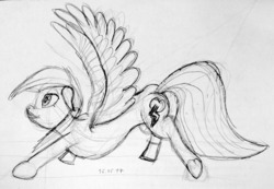 Size: 2843x1969 | Tagged: safe, artist:tour, derpibooru exclusive, rainbow dash, pegasus, pony, g4, female, monochrome, pencil drawing, simple background, solo, traditional art