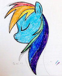 Size: 1843x2233 | Tagged: safe, artist:tour, derpibooru exclusive, rainbow dash, pony, g4, eyes closed, female, profile, simple background, solo, traditional art