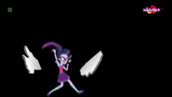 Size: 1024x576 | Tagged: safe, screencap, sci-twi, twilight sparkle, equestria girls, equestria girls specials, g4, my little pony equestria girls: mirror magic, black background, clothes, cracking, falling, female, frightened, glass shard, glasses, limbo, mary janes, mirror world, not again, not good, oh no, open mouth, plummet, ponytail, scared, sci-twi outfits, screaming, shoes, simple background, skirt, socks, solo, teletoon