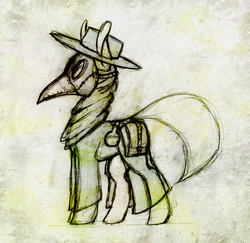 Size: 1974x1920 | Tagged: safe, artist:o0o-bittersweet-o0o, earth pony, pony, mask, plague doctor, plague doctor mask, potion, sketch, solo, standing