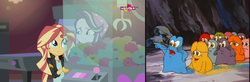 Size: 1956x638 | Tagged: safe, edit, edited screencap, screencap, starlight glimmer, sunset shimmer, bushwoolie, equestria girls, equestria girls specials, g1, g4, my little pony equestria girls: mirror magic, my little pony: escape from catrina, canterlot mall, cinema, claw machine, geode of empathy, smiling, teletoon