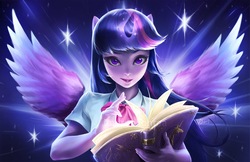 Size: 1374x888 | Tagged: safe, artist:imdrunkontea, twilight sparkle, alicorn, equestria girls, book, clothes, female, looking at you, ponied up, solo, spellbook, stars, twilight sparkle (alicorn), watermark