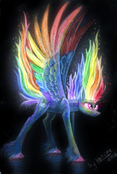 Size: 1264x1885 | Tagged: safe, artist:lol-katrina, rainbow dash, pegasus, pony, g4, black background, colored wings, female, mare, multicolored wings, rainbow wings, simple background, solo, spread wings, traditional art, unshorn fetlocks, wings