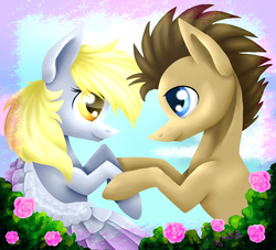 Size: 2200x2000 | Tagged: safe, artist:lol-katrina, derpy hooves, doctor whooves, time turner, earth pony, pegasus, pony, g4, colored pupils, female, flower, high res, holding hooves, looking at each other, male, mare, ship:doctorderpy, shipping, stallion, straight