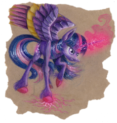 Size: 2236x2356 | Tagged: safe, artist:lol-katrina, twilight sparkle, alicorn, pony, g4, angry, colored wings, female, glowing horn, high res, horn, magic, mare, multicolored wings, raised hoof, solo, spread wings, twilight sparkle (alicorn), unshorn fetlocks, wings