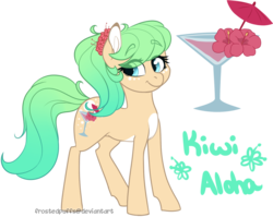 Size: 978x780 | Tagged: safe, artist:frostedpuffs, oc, oc only, oc:kiwi aloha, earth pony, pony, female, mare, reference sheet, simple background, solo, transparent background