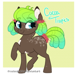 Size: 657x645 | Tagged: safe, artist:frostedpuffs, oc, oc only, oc:cocoa tropics, earth pony, pony, female, mare, raised hoof, reference sheet, simple background, solo