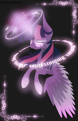 Size: 1836x2829 | Tagged: safe, artist:lol-katrina, twilight sparkle, alicorn, pony, g4, black background, blackletter, eyes closed, female, glowing horn, horn, magic, magic circle, mare, runes, simple background, solo, twilight sparkle (alicorn)