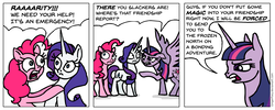 Size: 1466x588 | Tagged: safe, artist:gingerfoxy, pinkie pie, rarity, twilight sparkle, alicorn, earth pony, pony, unicorn, pony comic generator, friendship is magic, g4, comic, friendship, friendship report, glare, grabbing, hyper strict twilight, pointing, scared, serious, serious face, spread wings, stare, stern, threat, twilight sparkle (alicorn), ultimatum, wings