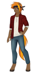 Size: 451x881 | Tagged: safe, artist:askbubblelee, oc, oc only, oc:singe, anthro, unguligrade anthro, anthro oc, clothes, freckles, looking at you, pants, shirt, simple background, smiling, solo