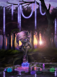 Size: 1500x2000 | Tagged: safe, artist:camuri-mirai03, oc, oc only, earth pony, pony, choker, female, forest, lake, lens flare, mare, sock, solo, sunset, tree, waterlily