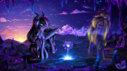 Size: 3000x1686 | Tagged: safe, artist:camuri-mirai03, oc, oc only, demon pony, pony, duo, ear piercing, earring, floppy ears, jewelry, looking at each other, magic flower, male, piercing, raised hoof, scenery, spirit, stallion