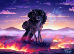 Size: 2556x1858 | Tagged: safe, artist:camuri-mirai03, oc, oc only, pony, unicorn, artificial wings, augmented, chest fluff, female, fire, fissure, looking at you, magic, magic wings, mare, runes, shoulder fluff, sky, solo, sunset, wings