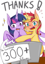 Size: 2480x3508 | Tagged: safe, artist:aka-ryuga, sunset shimmer, twilight sparkle, alicorn, pony, unicorn, g4, blushing, female, high res, lesbian, milestone, monitor, ship:sunsetsparkle, shipping, simple background, transparent background, twilight sparkle (alicorn)