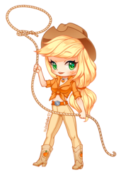 Size: 1280x1871 | Tagged: safe, artist:nukababe, applejack, human, g4, belly button, boots, chibi, clothes, female, front knot midriff, humanized, jeans, jewelry, lasso, light skin, midriff, necklace, pants, rope, simple background, solo, transparent background