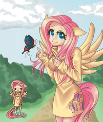 Size: 3200x3800 | Tagged: safe, artist:lottaisdrawing, fluttershy, butterfly, human, g4, bush, clothes, cloud, eared humanization, floppy ears, high res, humanized, self paradox, smiling, tailed humanization, winged humanization, wings