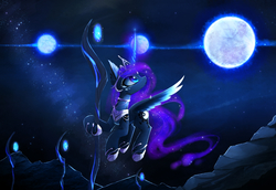 Size: 3344x2300 | Tagged: safe, artist:magnaluna, princess luna, alicorn, pony, g4, colored wings, colored wingtips, crown, curved horn, ear fluff, female, flying, galaxy mane, glowing horn, high res, horn, jewelry, mare, moon, night, regalia, solo