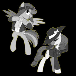 Size: 1000x1000 | Tagged: safe, artist:carnifex, rainbow dash, rarity, pegasus, pony, unicorn, g4, rarity investigates, aviator hat, black background, clothes, detective, detective rarity, duo, female, goggles, hat, mare, monochrome, simple background