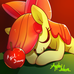 Size: 1200x1200 | Tagged: dead source, safe, artist:renokim, apple bloom, earth pony, pony, g4, adorabloom, apple, bow, cute, female, filly, food, hair bow, sleeping, smiling, solo