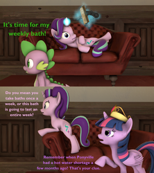 Size: 1920x2160 | Tagged: safe, artist:red4567, spike, starlight glimmer, twilight sparkle, alicorn, dragon, pony, g4, 3d, bath, big crown thingy, book, couch, crown, dialogue, jewelry, magic, regalia, source filmmaker, twilight sparkle (alicorn)