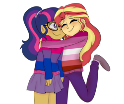 Size: 1280x1082 | Tagged: safe, artist:sunsetslight, sci-twi, sunset shimmer, twilight sparkle, equestria girls, g4, alternate clothes, bilight sparkle, bisexual pride flag, blushing, clothes, cute, duo, eyes closed, female, gay pride, girlfriend, hug, human coloration, lesbian, lesbian pride flag, lightly tanned skin, pride, pride month, rainbow, shimmerbetes, ship:sci-twishimmer, ship:sunsetsparkle, shipping, simple background, skirt, sweater, transparent background, twiabetes, wholesome