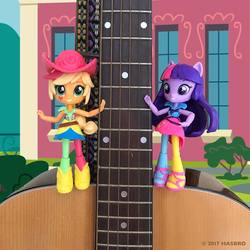 Size: 1080x1080 | Tagged: safe, applejack, twilight sparkle, equestria girls, g4, doll, equestria girls minis, eqventures of the minis, facebook, guitar, irl, photo, toy